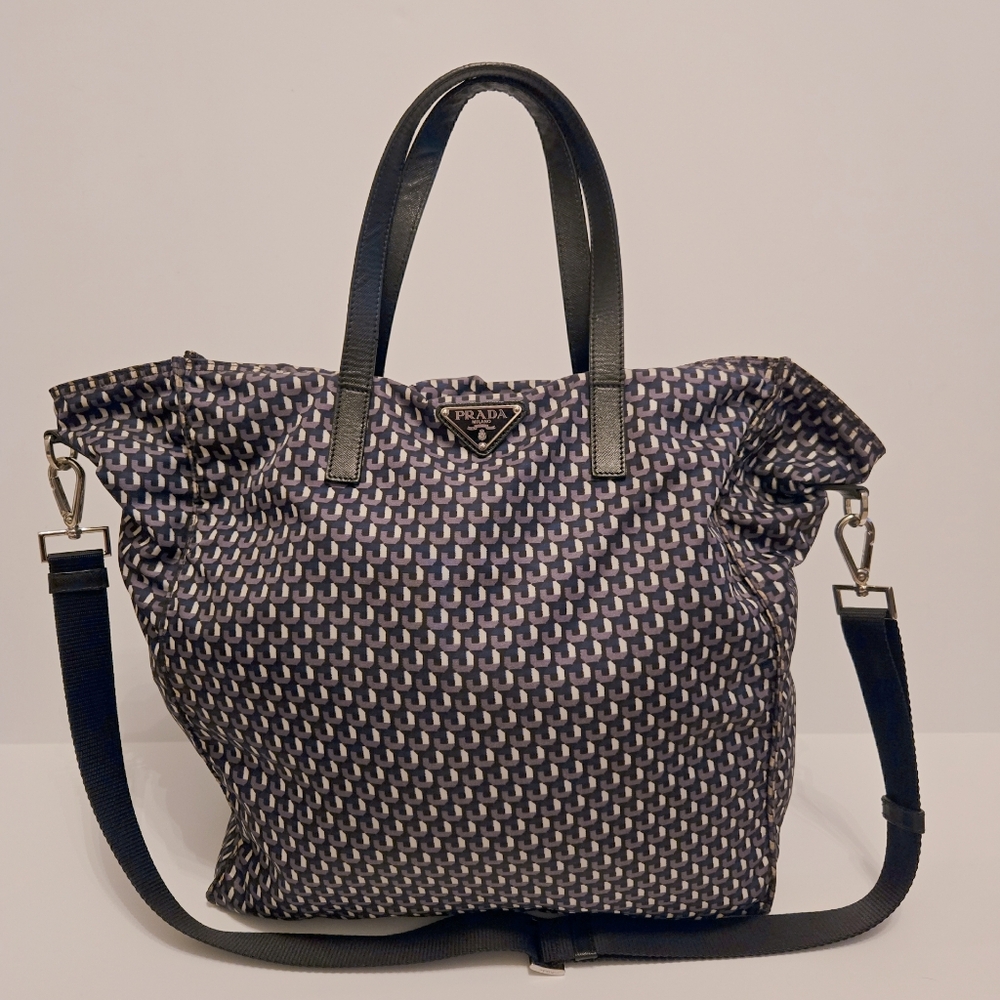 Prada Tessuto Printed Crossbody Strap Nylon Womens Mens Tote With Triangle Logo